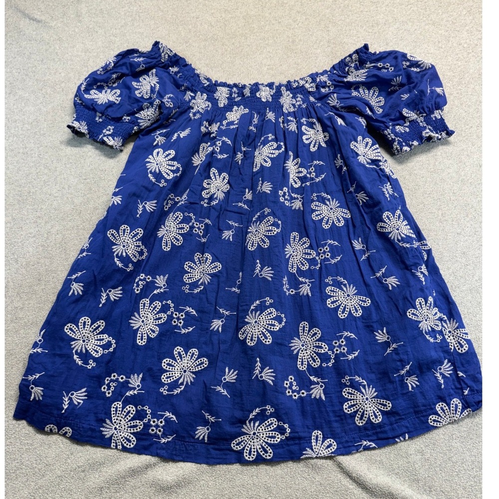 Avara Embroidered Floral Top Womens M Blue Off Shoulder Puff Sleeve Prairie Boho